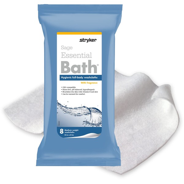 Stryker - Sage Essential Bath Cleansing Washcloths - 6 Packages, 48 Cloths - Fresh Scent, No-Rinse Bathing Wipes, Ultra-Soft and Medium Weight Cloth, Hypoallergenic