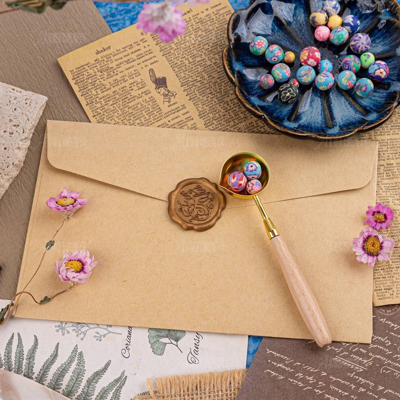 AUEAR, Wooden Handle Copper Wax Sealing Stamp Melting Spoon Seal