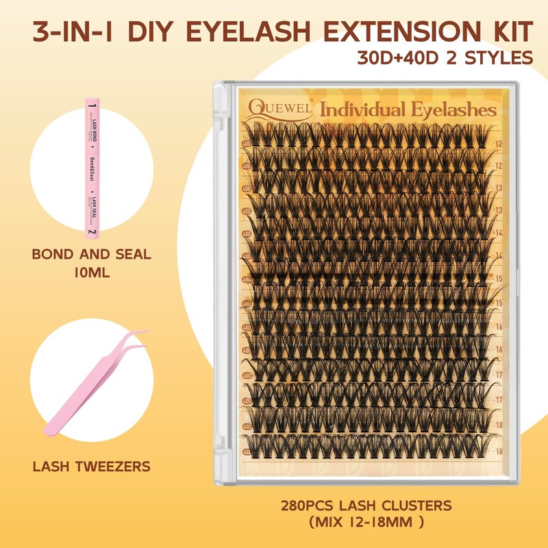 QUEWEL Cluster-Lashes Kit, 40D Individual-Eyelashes with Waterproof Lash Bond &