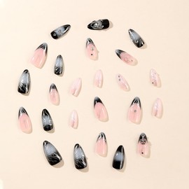 24 Pcs Pink Press on Nails Short Almond - YEFIUO Black Ombre French Fake Nails Press ons Nail Art Tip Glue on Nails with Spider Design Full Cover Artificial Acrylic False Nails Stick on Nail for Women