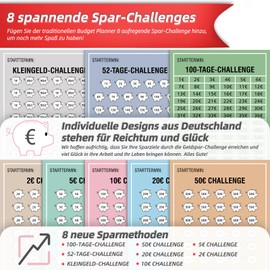 Budget Planner German Money Saving - Bug Planner Start Set with 8 Saving Challenges - Financial Planner Household Book - Money Organiser Savings Book - Cash Stuffing - Budget Binder A6 - Save with Envelope Method