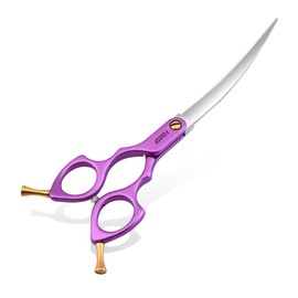 FOGOSP Professional Left Handed Curved Dog Grooming Scissors with Sharper Self Grinding lightweight and finely trimmed split structure 6.5'' Japan VG10 63HRC for small dogs cat pet(Purple)