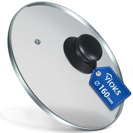 VIOKS Glass Lid 16 cm Pot Lid & Pan Lid Universal with Button Handle and Stainless Steel Protective Edge – Universal Lid for Pans with Ventilation Hole