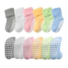VWU Baby Toddler Kids Ankle Crew Socks with Grips Unisex Warm Thick Cotton Winter Socks 0-10 Years 6/8 Pack (US, Age, 4 Years, 6 Years, Enhanced Grip 6 Color)