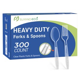 [300 Count] Plastic Cutlery Set Heavy Duty Clear Disposable Fork And Spoon with Engraved Design - Reusable Bulk Plastic Utensil Durable Cutlery Set Plasticware Silverware for Party,Daily,Picnic,Events