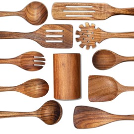 11-Pack Wooden Cooking Utensils Set – Natural Teak Spoons and Spatulas for Kitchen Use with Wooden Holder