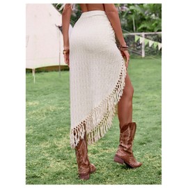 SHENHE Women's Twist Front High Slit Fringe Skirt Asymmetrical Tassel Boho Midi Skirt Apricot Large