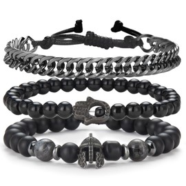 Dazylleco Pack of 3 Pearl Bracelets for Men Natural Stone Bracelet Black Stainless Steel Leather Bracelet Adjustable Jewellery Set Men's Gift Father's Day for Men, Stone, No gemstone