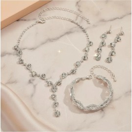 Welago® Juego Completo de Joyería para Mujer, 4 Piezas Plateadas | Collar, Aretes y Pulsera de Elegancia | Ideal para Bodas, Fiestas y Ocasiones Especiales | Regalo Perfecto