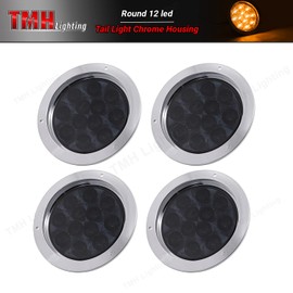 TMH 4 Pcs 4 Inch Smoked Lens Amber LED 12 Diodes Round Indicator Tail Signal Lights F3 Piranha Lamp with Chrome Bezel for Bus Trailer Truck12V DC Sealed Surface Mount GAC12