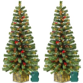 AMENON 2 Pack 4 Ft Artificial Christmas Entrance Tree in Fake Wooden Box Base with 60 LEDs Warm White Light Timer Waterproof Battery Box Operated 140 Branches 14 Pinecone 12 Berries Xmas Decor for Door Porch