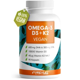 Omega-3 Vegan + D3 & K2 (90x), 1100mg Algae Oil with 600mg DHA & 300mg EPA + 1000 IU Vitamin D3 + 40 µg Vitamin K2 - O3 D3 K2 Vegan Essentials - Omega-3 Capsules High Dose, Bioavailable & Laboratory