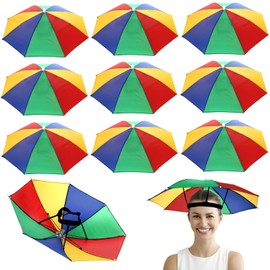 Covzoe 10 Pack Umbrella Hat, Rainbow Head Umbrella Cap with Elastic Band, 21 Inch Folding Waterproof Fishing Umbrella Cap for Camping, Gardening, Beach Hiking, Outdoor Sun Protection