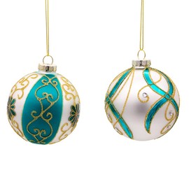 Kurt S. Adler Gold, Dark Teal and White Embellished Ball, 6 Piece Ornament Set, 80MM