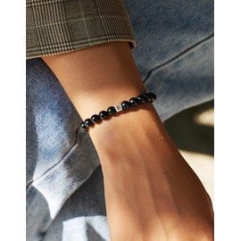 Landorilo Natural Healing Gemstone Crystal Bracelet, 6mm Black Tourmaline with 925 Sterling Silver Beads, Women Men Initial Bracelets, Valentine's Day, Christmas, Birthday Gift. Offer A-Z.E