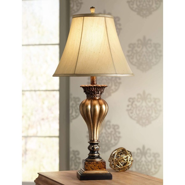 Senardo Traditional Table Lamp Vase Silhouette with Fluting and Floral Detail 30" Tall Gold Tan Bell Shade Decor for Living Room Bedroom House Bedside Nightstand Home Office - Regency Hill
