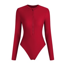 ZAFUL Women's Long Sleeve Rash Guard Swimsuit One Piece Zipper Surfing Bathing Suit Solid Red L
