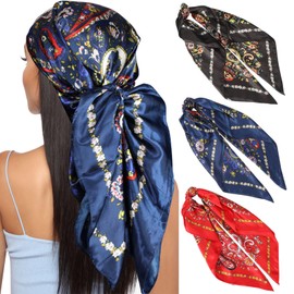 35” Large Square Satin Head Scarf - 3Pcs Satin Hair Scarves Silk Bandana Scarf Beach Headscarf Silk Feeling Scarfs for Women(Paisley(blue/Black/Red))