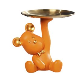 Jaugufiy Escultura de oso de dibujos animados de resina con bandeja de metal, bandeja de almacenamiento de cifras de animales, bandeja de llaves, artículos diversos para decoración del hogar, regalo (naranja)