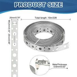 PATIKIL Galvanized Pipe Strap, 0.79 Inch x 33 FT 0.6mm Thickness Metal Strapping with Holes Bendable Pipe Hanger Strap for Pipe Supports Hanging, Silver Tone