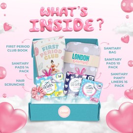First Period Kit for Girls Bundle with Lil Lets Teen Day & Night Pads, Panty Liners, London Carousel Sanitary Pad Storage Bag and Period Book