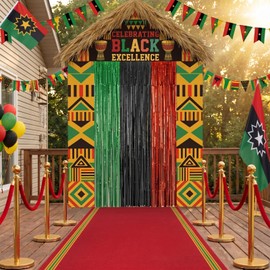 Haull 7 Pcs Juneteenth Party Decorations African American Banners Porch Signs Rug Foil Fringe Curtains Juneteenth Celebrating Black Excellence Backdrop Decor for Outdoor Indoor Freedom Day Supplies