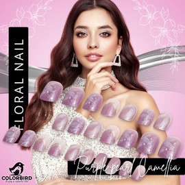 COLORBIRD Nail Tip, Flower, Short, False Nails, 24 Pieces, Gorgeous, Cute, Feminine, Purple, Purple (Purple Pearl Camellia)