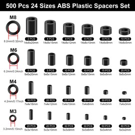 Celepoir ABS Plastic Spacers Black 24 Sizes, Plastic Spacers with Storage Box, Non-Threaded Nylon Spacer Set, Insulation Standoff Spacers for Screws & Circuit Boards (M3 M4 M6 M8, Piece, 500)