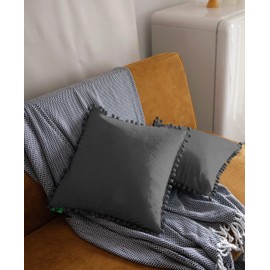 Pagnanno. Set of 2 Soft Velvet Cushion Covers 45x45cm(18x18 Inches) Pom Throw Pillowcases Square Cushion Covers for Chairs,living and bedroom with Invisible Zipper (18"x18" (Pack of 2), Dark Grey)