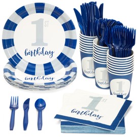 Juvale 144-Piece 1st Birthday Decorations Boy Set - Nautical Decor - Disposable Nautical 1st Birthday Plates & Napkins Party Supplies - Complete One-Year-Old Celebration Kit - Blue & White