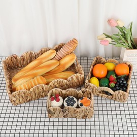 Hipiwe Scalloped Tray Set of 3 Wicker Serving Tray with Handles Nesting Basket Tray for Storage Woven Tray for Organizing Coffee Table Bathroom Kitchen Tabletop Rectangle Decorative Tray