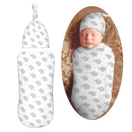 Muishi Vector Elephants Newborn Swaddle Blankets Hat Sets Soft Baby Receiving Blanket Swaddle Sack for Baby Shower Infant Boy Girl Gift