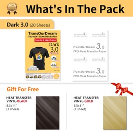 TransOurDream Heat Transfer Paper for Inkjet & Laserjet Printer (20 Sheets, 8.5x11", Dark 3.0) Printable HTV Heat Transfer Vinyl for T Shirts Iron on Transfers for Dark Fabrics