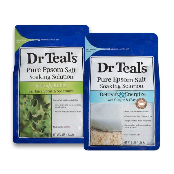 Dr Teal's Epsom Salt Soaking Solution, Eucalyptus and Detoxify & Energize, 2 Count - 6lbs Total (Packaging May Vary)