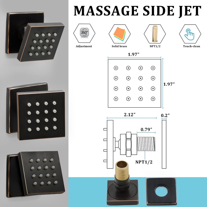 Showerhead Body Spray, HOMEDEC 2inch Brass Square Massage Shower Jet