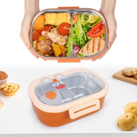Minicoco Bento Lunch Box, Stainless Steel Bento Box with 2 compartments, Heavy Duty Thermal Lunch Box Portable Lunch Box Stackable Leakproof Bento Lunch Box, Thermal Lunch Box for Hot Food (Orange)