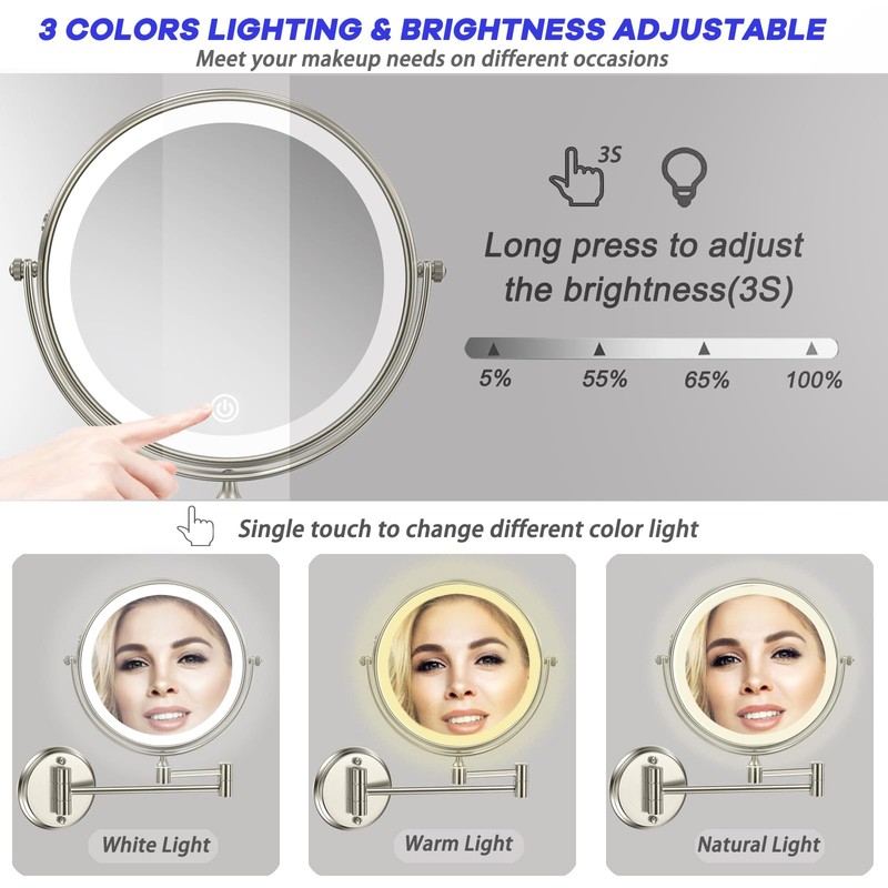 Rechargeable Wall Mounted Makeup Mirror with Lights, 8 Inch Double-Sided
