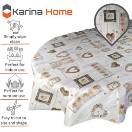 Karina Home Oval Orange on Grey Wood Effect Love Hearts Wipe Clean Tablecloth Vinyl PVC Table Cover Wipeable Table Cloth (Oval, 180cm x 140cm)