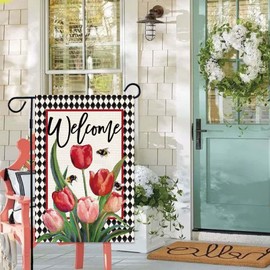 Baccessor Spring Tulip Welcome Garden Flag 12.5 x 18 Inch Double Sided Burlap Easter Floral Flowers Buffalo Plaid Small Yard Flag Summer Holiday Seasonal Outdoor Outside Decoration