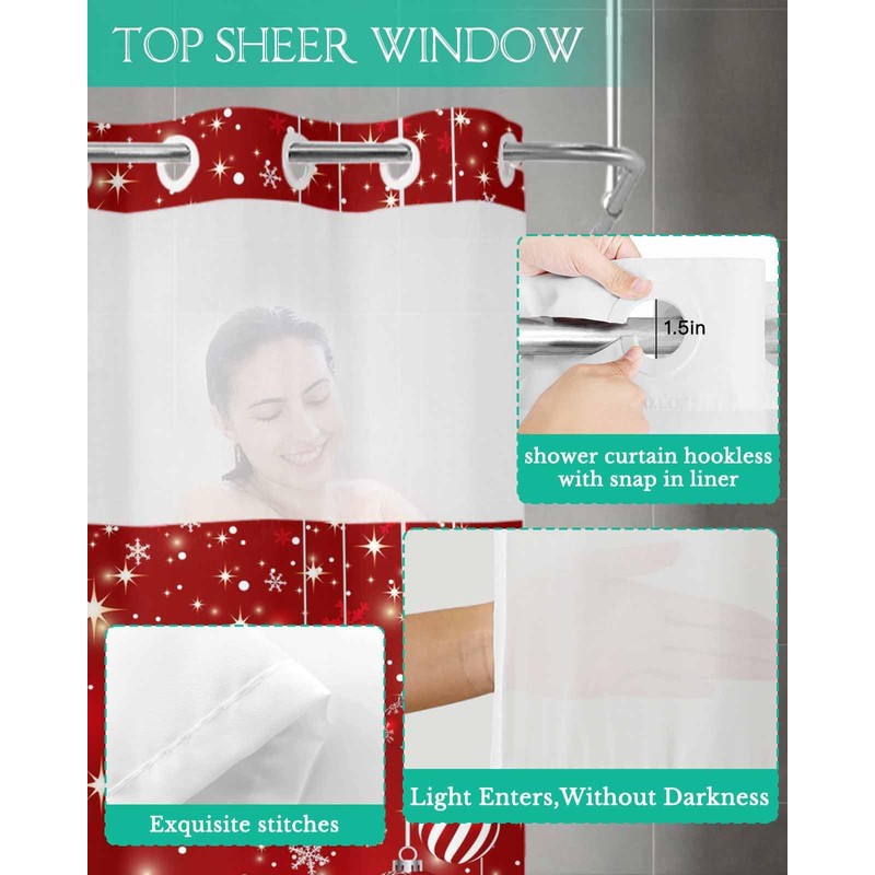 No Hook Shower Curtain with Snap in Liner Set Christmas