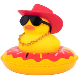 wonuu Car Rubber Duck Car Duck Decoration Dashboard Car Ornament for Car Dashboard Decoration Accessories with Mini Sun Hat Swim Ring Necklace and Sunglasses, A-Cowboy Hat Red&Donut, WN113
