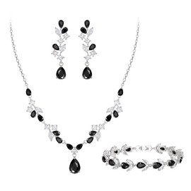 EleQueen Bridal CZ Dangle Drop Earring Tennis Bracelet Necklace Sets for Woman, Black Silver-Tone Wedding Waterdrop Marquise Cubic Zirconia Jewelry Gift for Bride Bridesmaid