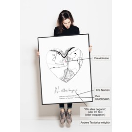 Poster Stadtplan Herz | zum Jahrestag, Hochzeitstag | personalisiertes Bild, Städtekarte schwarz-weiß "wo alles begann" | Männergeschenk mit Rahmenoption