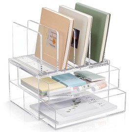 Ripeng Acrylic Desk Organizer with 2 Drawers, Vertical File Holder with 5 Detachable and Adjustable Dividers, Clear Desk Organizers and Accessories for Home, Office, School