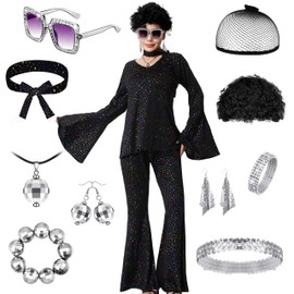 Aragallant Women's Disco Costume, 60s 70s Outfit, Women's Disco, Hippie Disco Outfit with Wig, Necklace, Bracelet, Earrings, Headband for Carnival Party, Night Fever Costume (M, 155-160 cm)