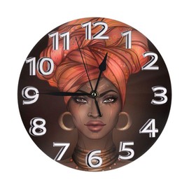 Abucaky African American Woman Wall Clock Battery Operated Silent Non Ticking Round Clock Beautiful Portrait Wall Decor for Women‘ Bedroom, Living Room, Office, School 9.8 Inch