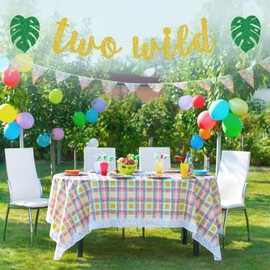 Two Wild Banner, Baby Boys Girls 2nd Birthday Banner, Glittery Jungle Wild Safari Zoo Themed Happy 2nd Birthday Party Decorations