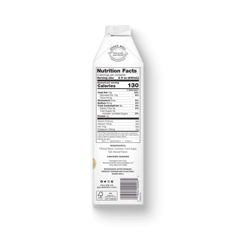Elmhurst 1925 Milked Cashews Sweetened Cashew Milk, Plant-Based, Dairy Free,