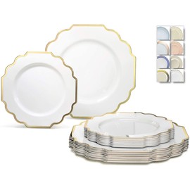 " OCCASIONS " 50 Plates Pack (25 Guests)-Wedding Party Disposable Plastic Plate Set -(25 x 10.5'' Dinner + 25 x 8'' Salad/Dessert) (Imperial White & Gold)