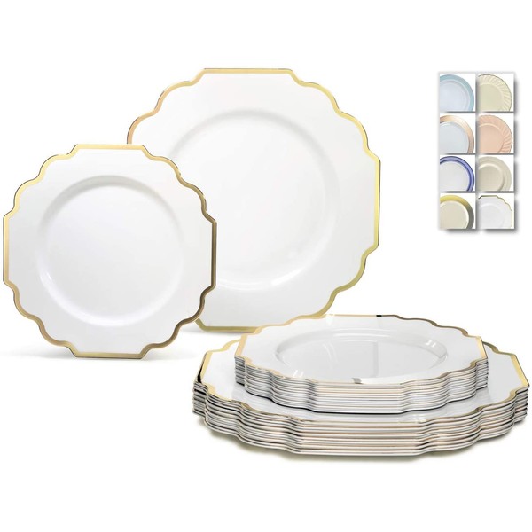 " OCCASIONS " 50 Plates Pack (25 Guests)-Wedding Party Disposable Plastic Plate Set -(25 x 10.5'' Dinner + 25 x 8'' Salad/Dessert) (Imperial White & Gold)